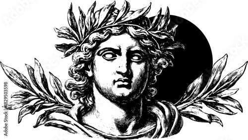 Engraving of a classical head adorned with a laurel crown. This detailed black and white vector illustration showcases historical artistry in a vintage design.