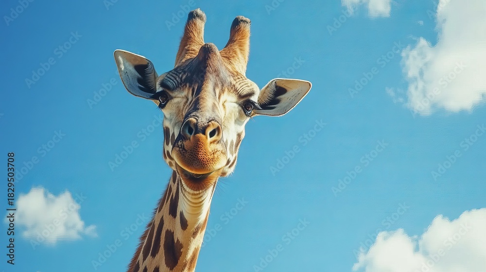 Fototapeta premium Closeup namibian giraffe against bright blue sky