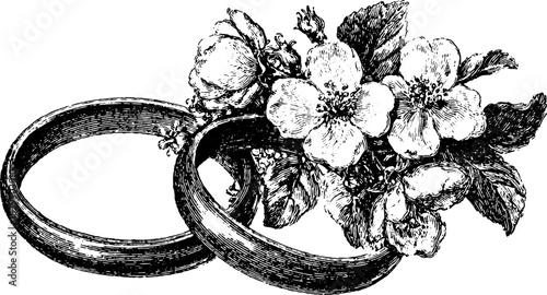 Vintage line drawing of engagement rings with flowers. Decorative floral set in black and white vector illustration.