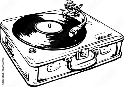Vinyl record player in outline style. Vintage vector illustration of a portable turntable with a retro design set.