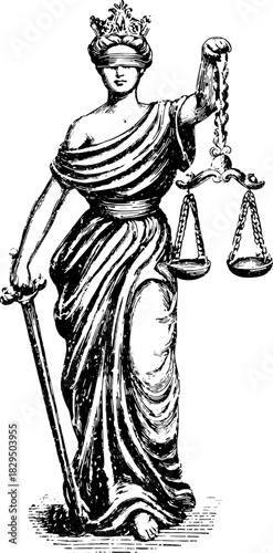 Justice symbol depicted as a female statue holding balance scales and a sword. Vintage vector illustration reflecting legal themes.