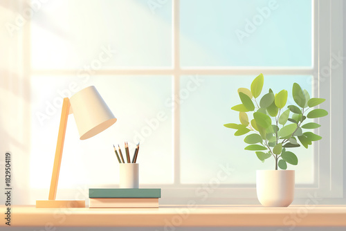 Fresh and elegant illustrations of a desk under a window for the start of the school season.