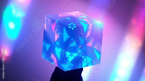 Abstract glowing cube with geometric shapes and vibrant neon colors