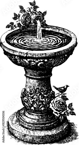 Water fountain with decorative roses and a bird. Elegant black and white vector illustration depicting a classic garden set.