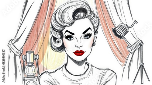 Retro illustration of a glamorous woman with red lipstick and vintage lighting