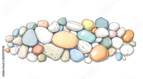 Colorful hand-drawn illustration of smooth, rounded stones on a white background