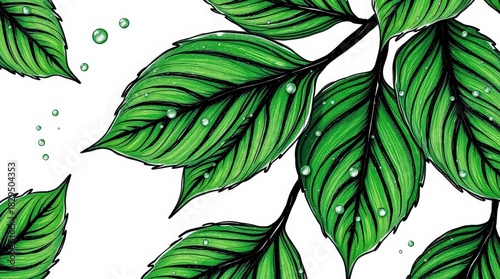 Hand-drawn illustration of green leaves with water droplets on a white background