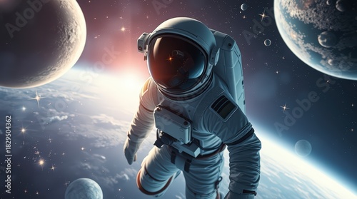 Astronaut floating in space with planets and stars in the background