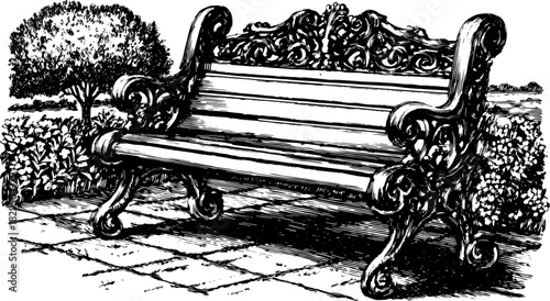 Vintage bench illustration in a garden setting. Ornate design with detailed features, showcasing classic furniture in a scenic area, vector illustration.