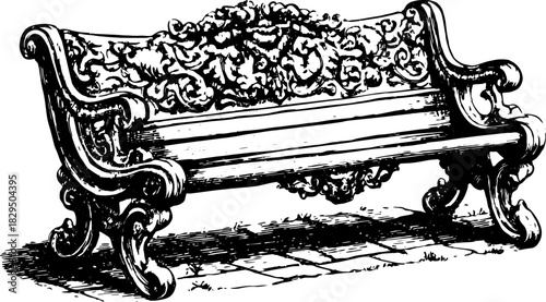 Ornate bench illustration in vintage style. A decorative outdoor seat designed with intricate details, featured in vector format.