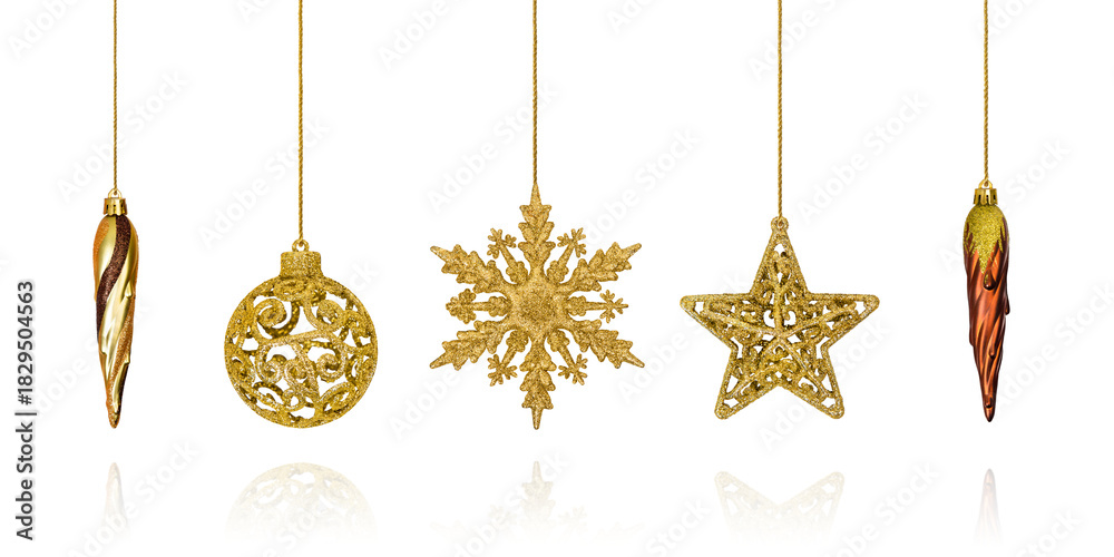 Fototapeta premium Christmas decorations in the form of a golden icicles, snowflake, star, and ball isolated on a transparent background with clipping path. Design element for Christmas card