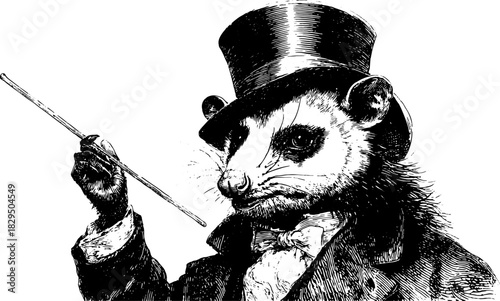 Opossum vintage engraving in a dapper tuxedo with a top hat and wand. This black and white vector illustration captures a whimsical character design.