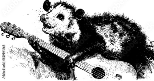 Opossum playing guitar in a vintage style. This black and white vector illustration features a detailed sketch of a cheerful creature.