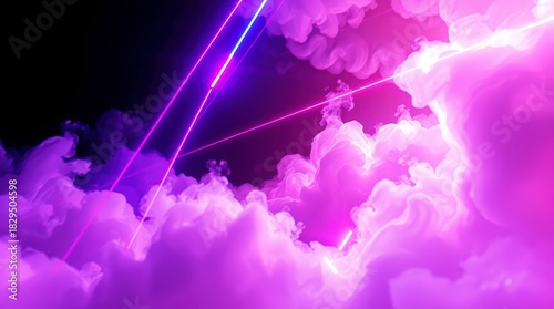 Abstract neon lights and clouds create a vibrant, futuristic atmosphere