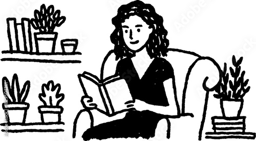 Woman reading a book on a couch. Simple vector illustration featuring plants and a bookcase in an indoor setting.