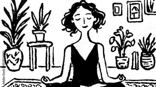 Woman meditating indoors among plants. Simple black and white vector illustration depicting a calming space set for relaxation.