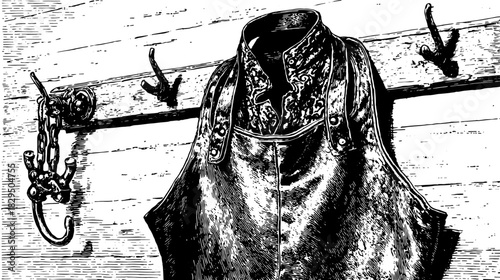 Engraving of an antique leather apron hanging on a wooden wall. The black outline features details of hook and chains in a vintage vector illustration.
