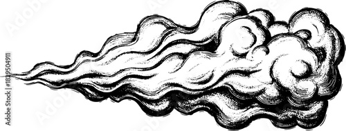 Vintage cloud illustration in black and white. Detailed engraving style with smooth lines, presented as a vector set for graphic design purposes.