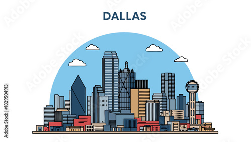 Modern vector illustration showcasing a dynamic American cityscape skyline with diverse architectural styles, featuring iconic urban towers under a vibrant blue sky