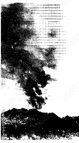 Volcano erupting with smoke against a mountain landscape. Grayscale vector illustration with abstract patterns and textures in a dramatic set.