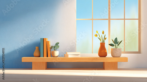 Illustrations of a desk under a window for the start of the school season