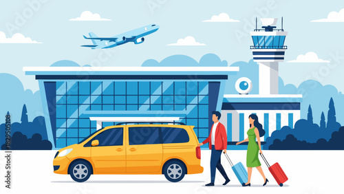 Travelers with Suitcases Exiting a Yellow Taxi Cab at a Modern Airport Terminal Building, Ready for Their Departure Flight Journey