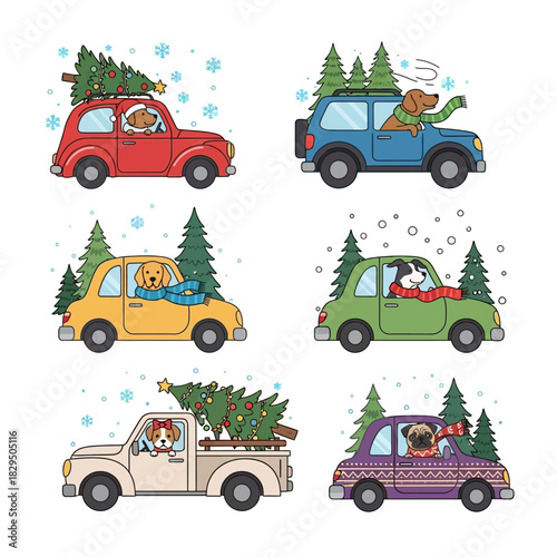 Festive canine companions transporting christmas trees in charming whimsical cars for the holidays
