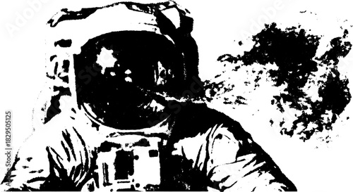 Astronaut in black and white vector illustration. Monochrome design featuring a space suit and helmet. Unique digital artwork set with texture.