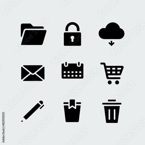 Set of nine black icons representing various functions like folder, lock, cloud, email, calendar, shopping cart, pencil, document, and trash bin