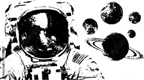 Astronaut in spacesuit with planets. Black and white vector illustration showcasing cosmic elements and textures in a simple design set.