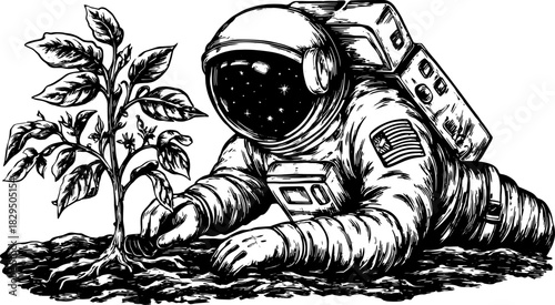 Astronaut tending to a plant in space. Black and white line art vector illustration showcasing environmental growth and exploration.