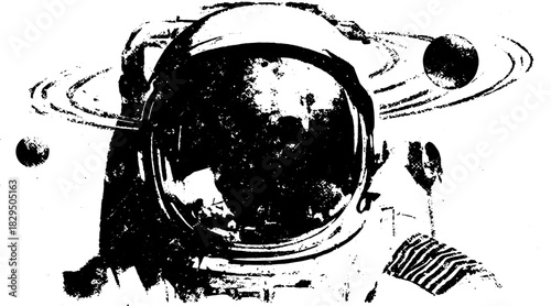 Astronaut in black and white illustration, featuring planets and Saturn. Vintage vector art depicting space exploration set.
