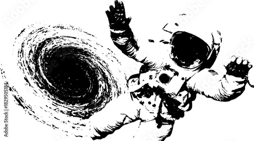 Astronaut in a monochrome illustration encountering a black hole in a cosmic void. Vector art represents exploration and mystery.