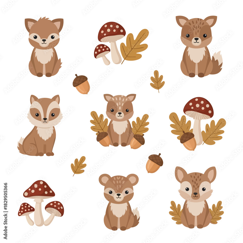 Obraz premium Charming autumn creatures whimsical forest illustrations cute woodland animals for children's