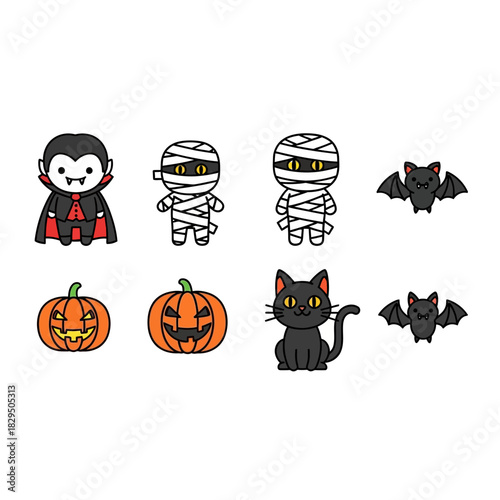 Adorable halloween themed illustration featuring cute vampire mummy cat pumpkins and bats
