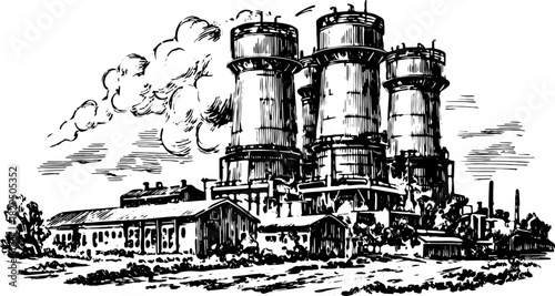 Industrial factory vector illustration in vintage black and white. Detailed design showcasing a complex industrial plant set against an urban backdrop.