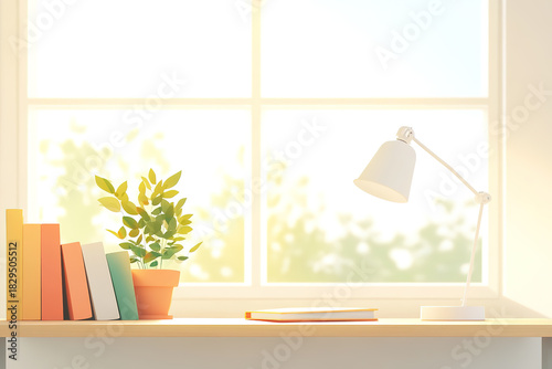 Illustrations of a desk under a window for the start of the school season