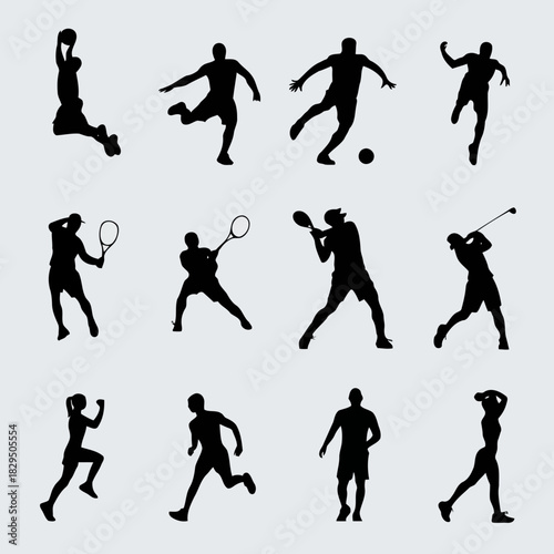 Set of silhouette icons depicting various sports activities including running, jumping, playing soccer, tennis, baseball, and golf