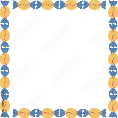 Cute yellow and blue candy border frame design for sweet party invitations candy shop banners or dessert background illustration