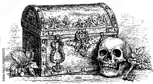 Vintage vector illustration of a chest with a skull and key. The outline drawing showcases detailed engraving and classic design elements in a set.