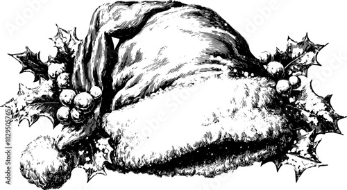 Santa hat with holly leaves and pompoms. Black and white vector illustration featuring a traditional winter accessory in a decorative set.