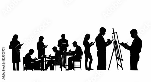 Silhouettes of people engaged in artistic activities like drawing and painting.