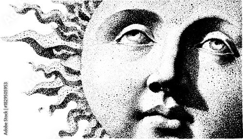 Sun face illustration in monochrome style. Detailed graphic set showcasing classic art in vector format.
