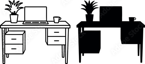 Minimalist office desk illustration featuring laptop plant and coffee cup in black and white