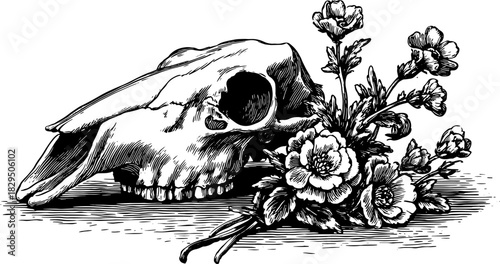 Skull and flower set in black and white. Vintage outline vector illustration showcasing decorative and artistic details.