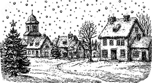 Snow-laden village scene with houses, tree, and church. Vintage black and white vector illustration depicting winter scenery in a traditional style.