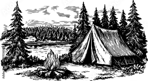 Camping scene with a tent and campfire. Black and white vector illustration showcasing trees and a river in a scenic outdoor setting.