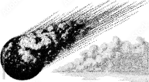 Comet engraving in black silhouette style. Vintage vector illustration showing trajectory and dust trail in a detailed set.