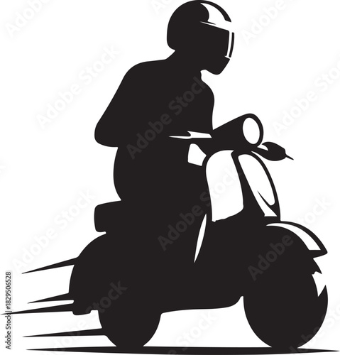 Silhouette illustration of a man wearing a helmet riding a motor scooter or moped, conveying a sense of movement.
