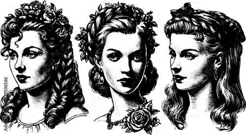 Engraving of three ladies in elegant hairstyles with floral decorations. Vintage vector illustration set with classic outlines and detailed attributes.